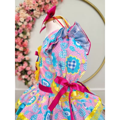 Vestido Infantil Junino Arraiá Azul C/ Estampa Colorida