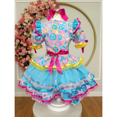 Vestido Infantil Junino Arraiá Azul C/ Estampa Colorida