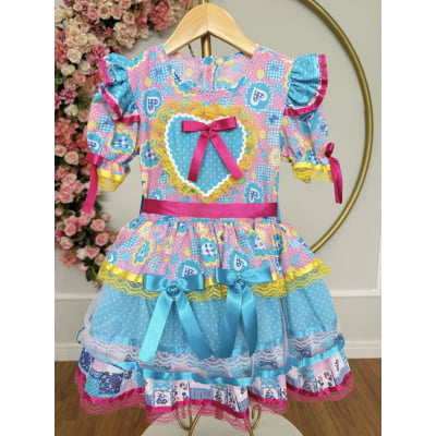 Vestido Infantil Junino Arraiá Azul C/ Estampa Colorida