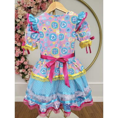 Vestido Infantil Junino Arraiá Azul C/ Estampa Colorida
