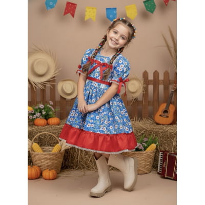 Vestido Infantil Junino Arraiá Azul e Vermelho Flores Coloridas