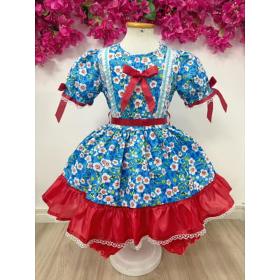Vestido Infantil Junino Arraiá Azul e Vermelho Flores Coloridas