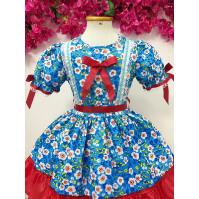 Vestido Infantil Junino Arraiá Azul e Vermelho Flores Coloridas