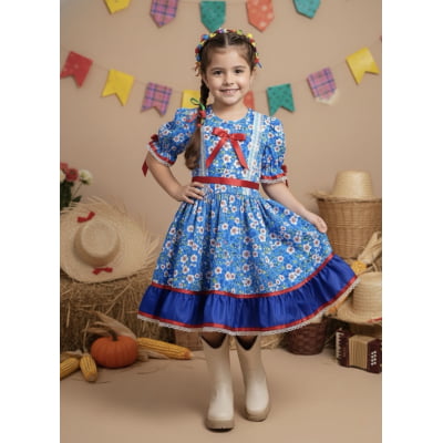Vestido Infantil Junino Arraiá Azul Flores Coloridas