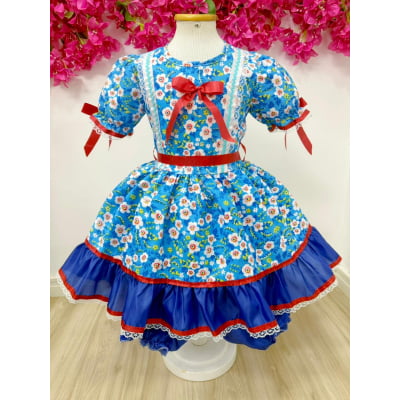 Vestido Infantil Junino Arraiá Azul Flores Coloridas
