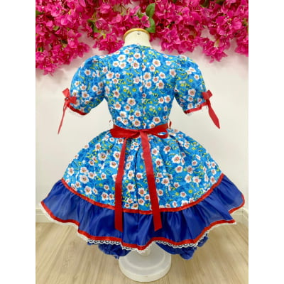 Vestido Infantil Junino Arraiá Azul Flores Coloridas