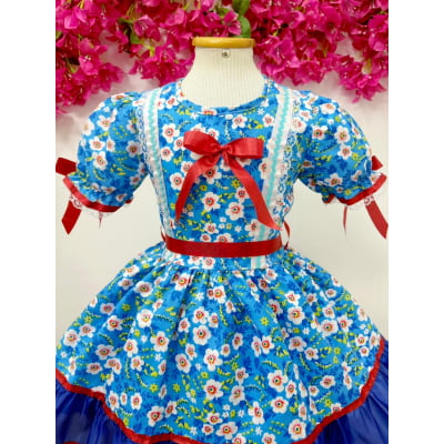 Vestido Infantil Junino Arraiá Azul Flores Coloridas