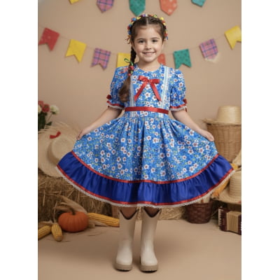 Vestido Infantil Junino Arraiá Azul Flores Coloridas