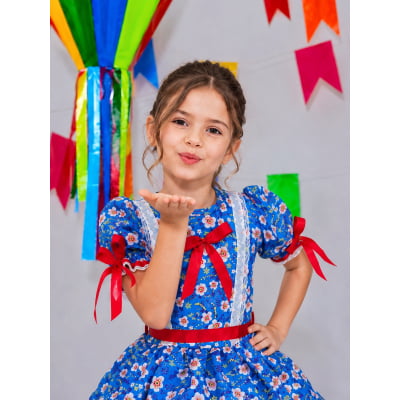 Vestido Infantil Junino Arraiá Azul Flores Coloridas