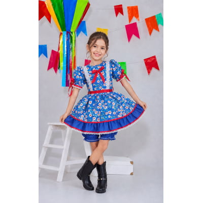 Vestido Infantil Junino Arraiá Azul Flores Coloridas Vestido Infantil Junino Arraiá Azul Flores Coloridas