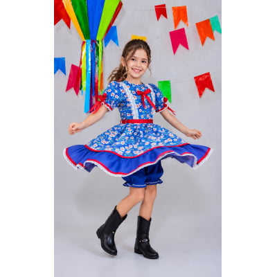Vestido Infantil Junino Arraiá Azul Flores Coloridas