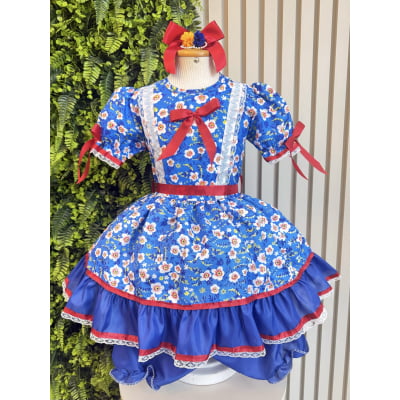 Vestido Infantil Junino Arraiá Azul Flores Coloridas