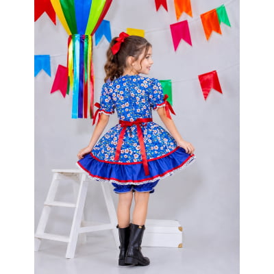 Vestido Infantil Junino Arraiá Azul Flores Coloridas