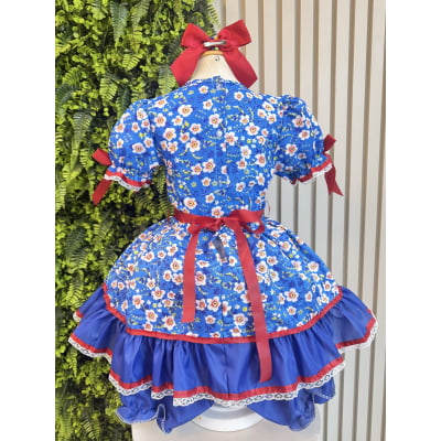 Vestido Infantil Junino Arraiá Azul Flores Coloridas