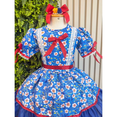 Vestido Infantil Junino Arraiá Azul Flores Coloridas