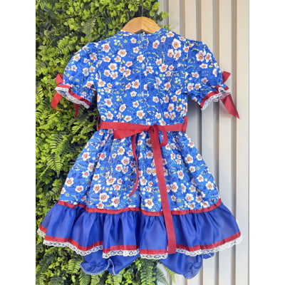 Vestido Infantil Junino Arraiá Azul Flores Coloridas