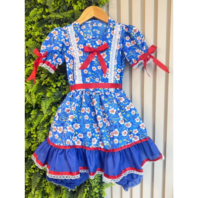 Vestido Infantil Junino Arraiá Azul Flores Coloridas