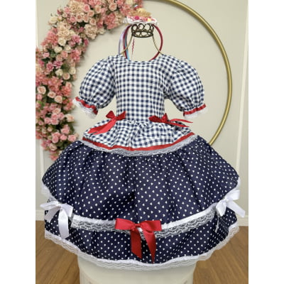 Vestido Infantil Junino Arraiá Azul Marinho Xadrez Laços Vestido Infantil Junino Arraiá Azul Marinho Xadrez Laços
