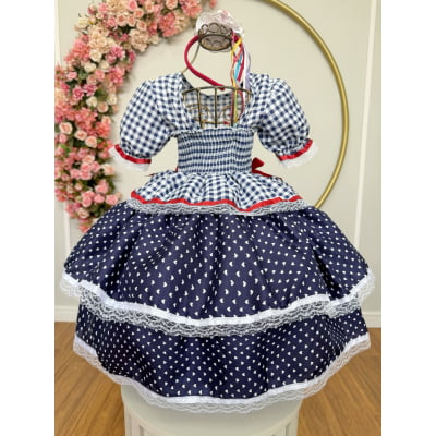 Vestido Infantil Junino Arraiá Azul Marinho Xadrez Laços