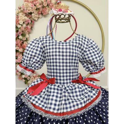Vestido Infantil Junino Arraiá Azul Marinho Xadrez Laços