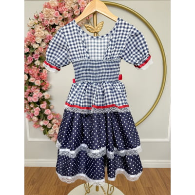 Vestido Infantil Junino Arraiá Azul Marinho Xadrez Laços