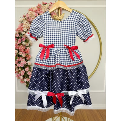 Vestido Infantil Junino Arraiá Azul Marinho Xadrez Laços