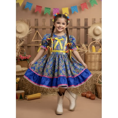 Vestido Infantil Junino Arraiá Azul Royal Flores Coloridas