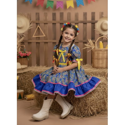 Vestido Infantil Junino Arraiá Azul Royal Flores Coloridas