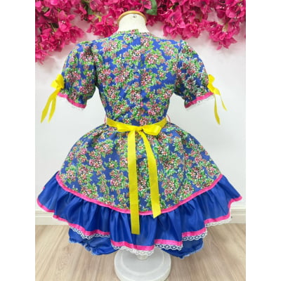 Vestido Infantil Junino Arraiá Azul Royal Flores Coloridas