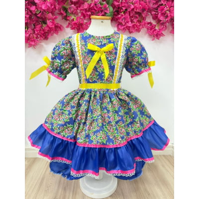 Vestido Infantil Junino Arraiá Azul Royal Flores Coloridas
