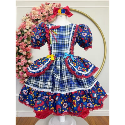 Vestido Infantil Junino Arraiá Azul Xadrez Colorido Florzinhas