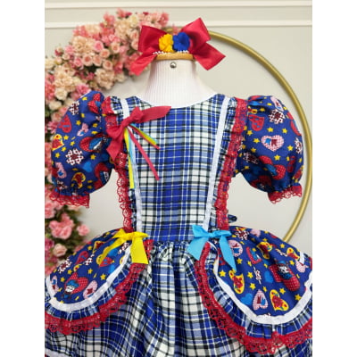 Vestido Infantil Junino Arraiá Azul Xadrez Colorido Florzinhas