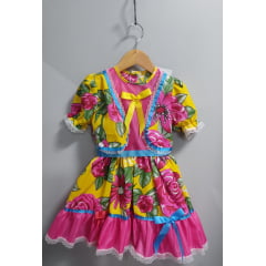 Vestido Infantil Junino Arraiá Caipira Amarelo Florido Colorido