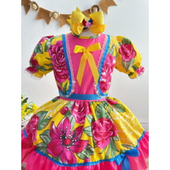 Vestido Infantil Junino Arraiá Caipira Amarelo Florido Colorido