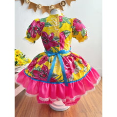 Vestido Infantil Junino Arraiá Caipira Amarelo Florido Colorido