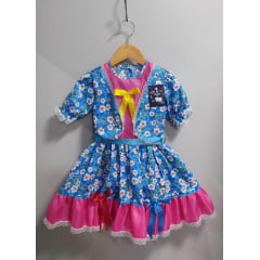 Vestido Infantil Junino Arraiá Caipira Azul Florido Colorido