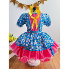 Vestido Infantil Junino Arraiá Caipira Azul Florido Colorido