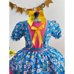 Vestido Infantil Junino Arraiá Caipira Azul Florido Colorido