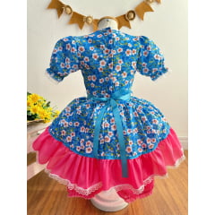 Vestido Infantil Junino Arraiá Caipira Azul Florido Colorido