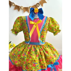 Vestido Infantil Junino Arraiá Caipira Verde Florido Colorido