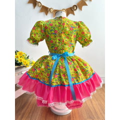 Vestido Infantil Junino Arraiá Caipira Verde Florido Colorido
