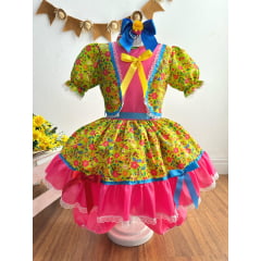 Vestido Infantil Junino Arraiá Caipira Verde Florido Colorido