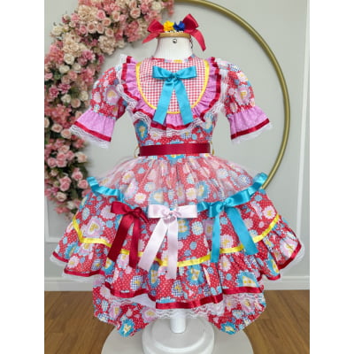 Vestido Infantil Junino Arraiá Caipira Vermelho Colorido