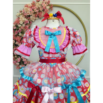 Vestido Infantil Junino Arraiá Caipira Vermelho Colorido
