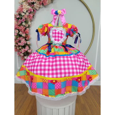 Vestido Infantil Junino Arraiá Caipira Xadrez Colorido Luxo Vestido Infantil Junino Arraiá Caipira Xadrez Colorido Luxo