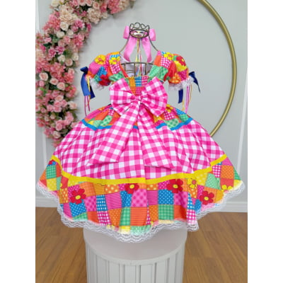 Vestido Infantil Junino Arraiá Caipira Xadrez Colorido Luxo