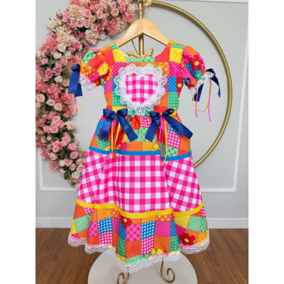 Vestido Infantil Junino Arraiá Caipira Xadrez Colorido Luxo