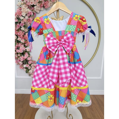 Vestido Infantil Junino Arraiá Caipira Xadrez Colorido Luxo