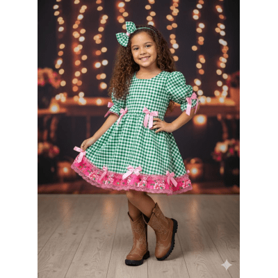 Vestido Infantil Junino Arraiá Caipira Xadrez Verde Florido Vestido Infantil Junino Arraiá Caipira Xadrez Verde Florido