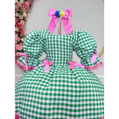 Vestido Infantil Junino Arraiá Caipira Xadrez Verde Florido